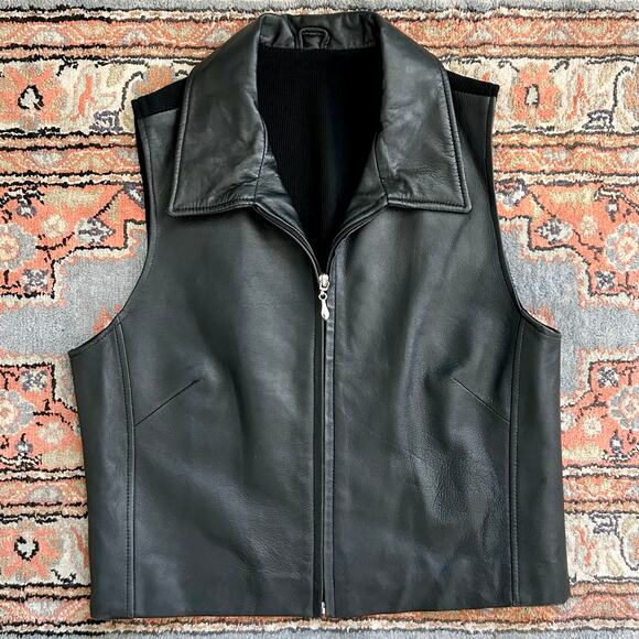 Vintage Siena Studio Leather Zip-Front Cropped Black Sleeveless Vest - Picture 1 of 5